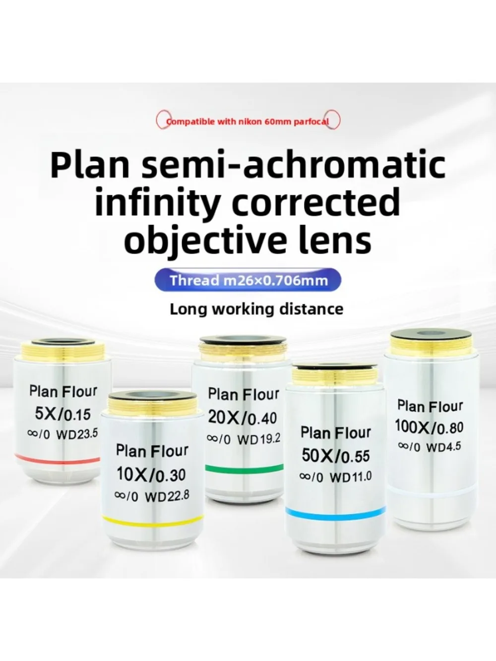 5X 10X 20X 50X 100X Plan Flour Semi-apochromatic Infinity Microscope Objective Lens Long Working Distance Parfocal 60 mm M26