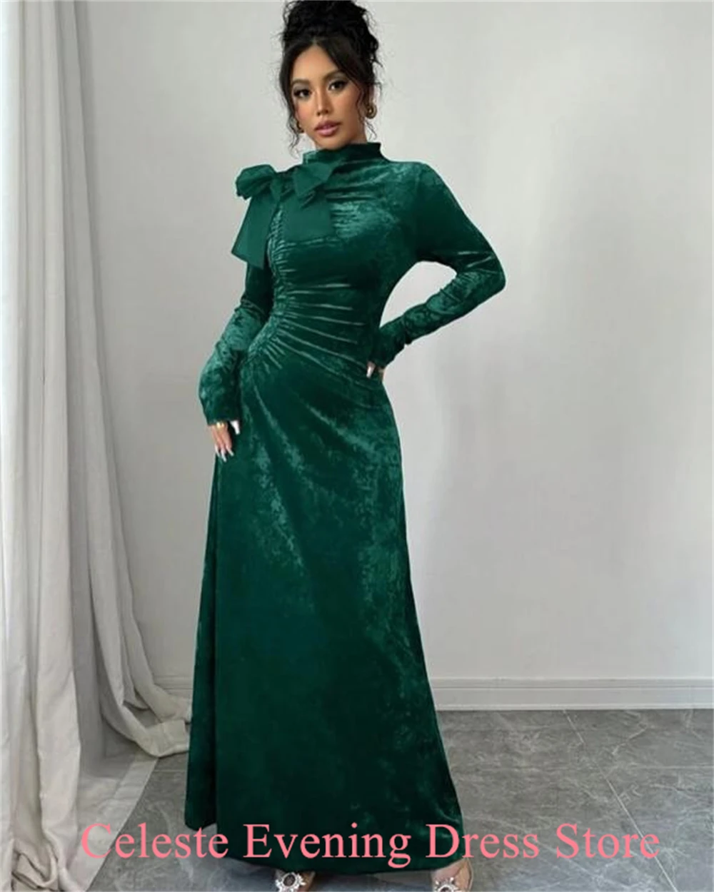 Vestido De noche De terciopelo verde Simple personalizado, elegante Vestido De fiesta De manga larga con cuello alto, Vestido De fiesta De lujo