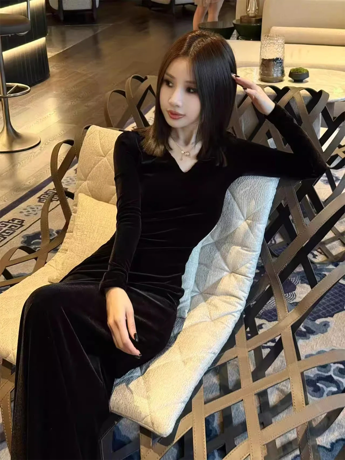 

Bear AX Autumn Winter High Densi Velvet Long Dr Women's Dr Ele Godd Sle Commute Wind A-Line Skirt Zipper Clo...