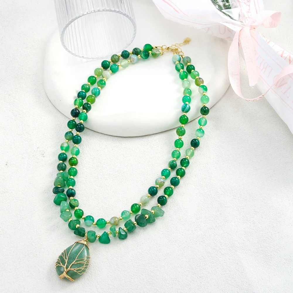 New Fashion Bohemian Style Life Tree Women's Jewelry 2-Layer Natural Stone Tiger Eye Beaded Necklace, Life Tree Drop Pendant