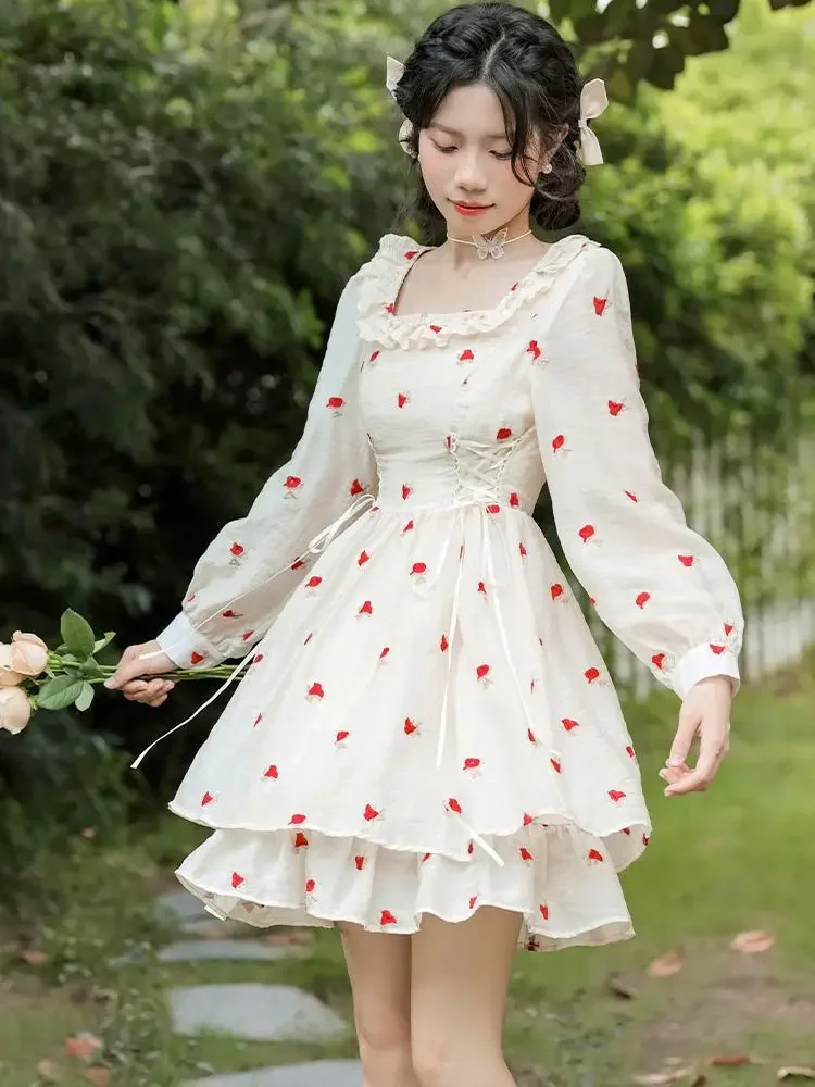 Autumn Sweet Lady Short Dress Japan Mori Girl Style Embroidery Floral Bandage Loose Casual Mini Dresses For Party Vestido Curto