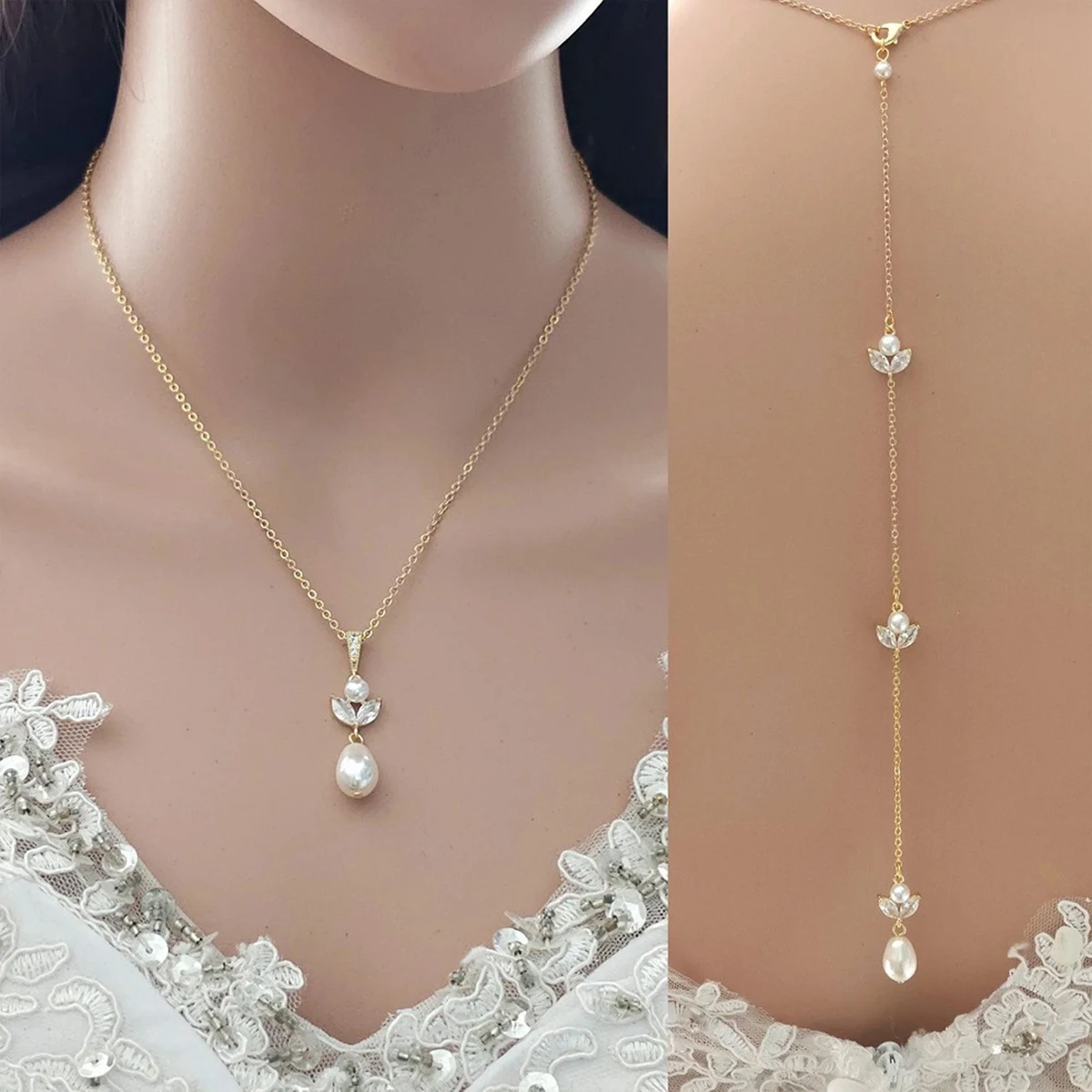 StoneFans Sweet And Delicate Pearl Rhinestone Long Necklace Back Chain Integrated Design Women's Wedding Banquet Accessory Gift