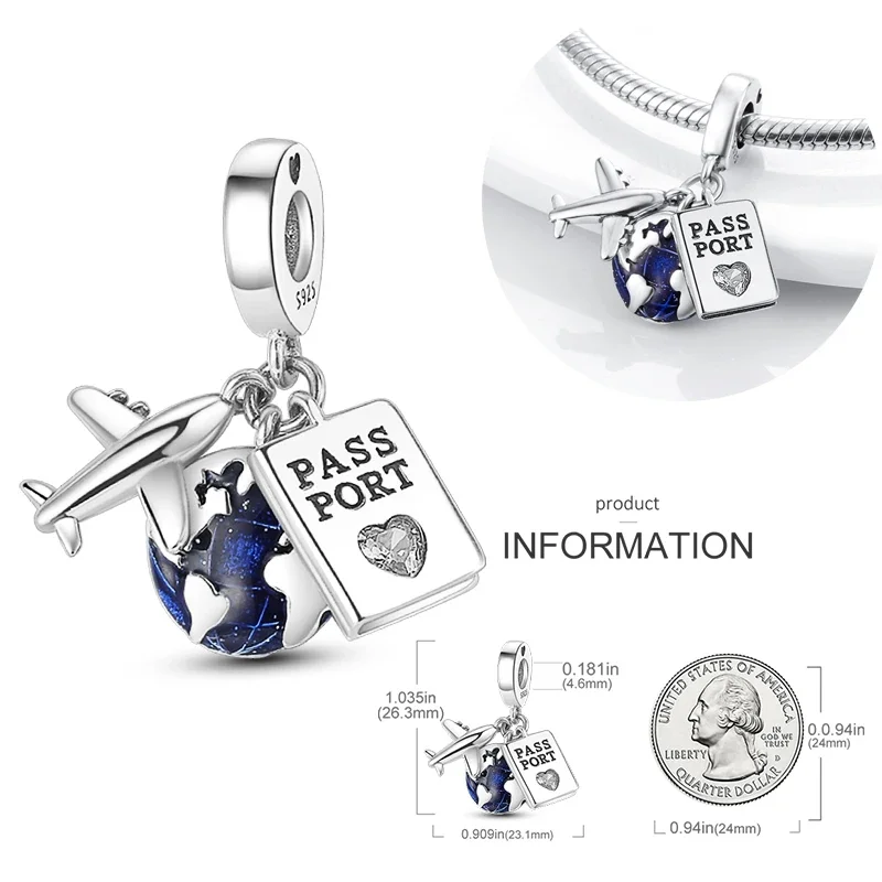 925 Sterling Silver Travel Passport Trunk Charms Pasuje do oryginalnej bransoletki Pandora Diy Samolot Koraliki ziemne do tworzenia biżuterii Prezent