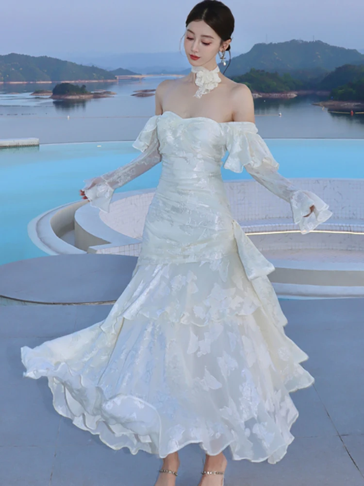 White Jacquard Chic Ruffled Luxury Long Dress for Women Spring Autumn Elegant Chest Wrapping Sexy Dress 2026 Korean Vintage Robe