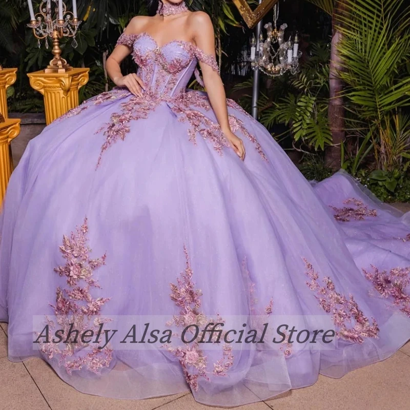 Arabic Luxury Lilac Princess Girl Quinceanera Dresses 2024 Off Shoulder Lace Applique Beads Ball Gown Women Party Prom Dress 15