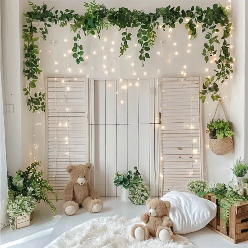 Mehofond 흰색 문 벽 사진 배경 봄 신생아 아이 생일 파티 출산 잔디 장난감 곰 장식 사진 배경