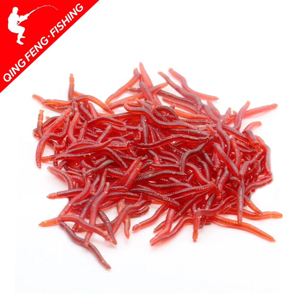 100pcs Lifelike Red Earthworm bait Worms Artificial Fishing Lure 40mm Soft Baits Silicone Shrimp Flavor Additive baits Tackle