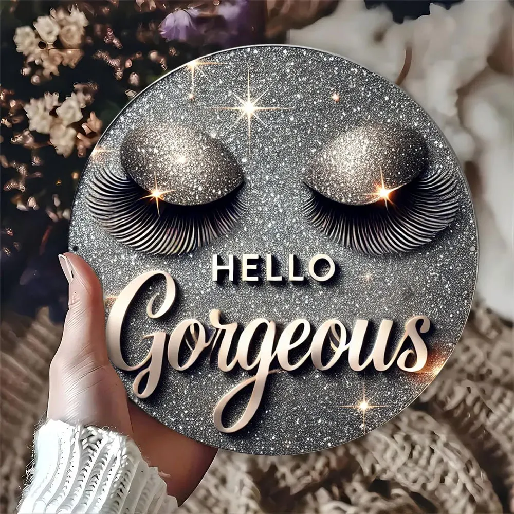 Vintage Style Hello Gorgeous Eyelash Metal Wall Art, Aluminum Decorative Sign, No Electricity Needed, Featherless, Ideal Gift fo