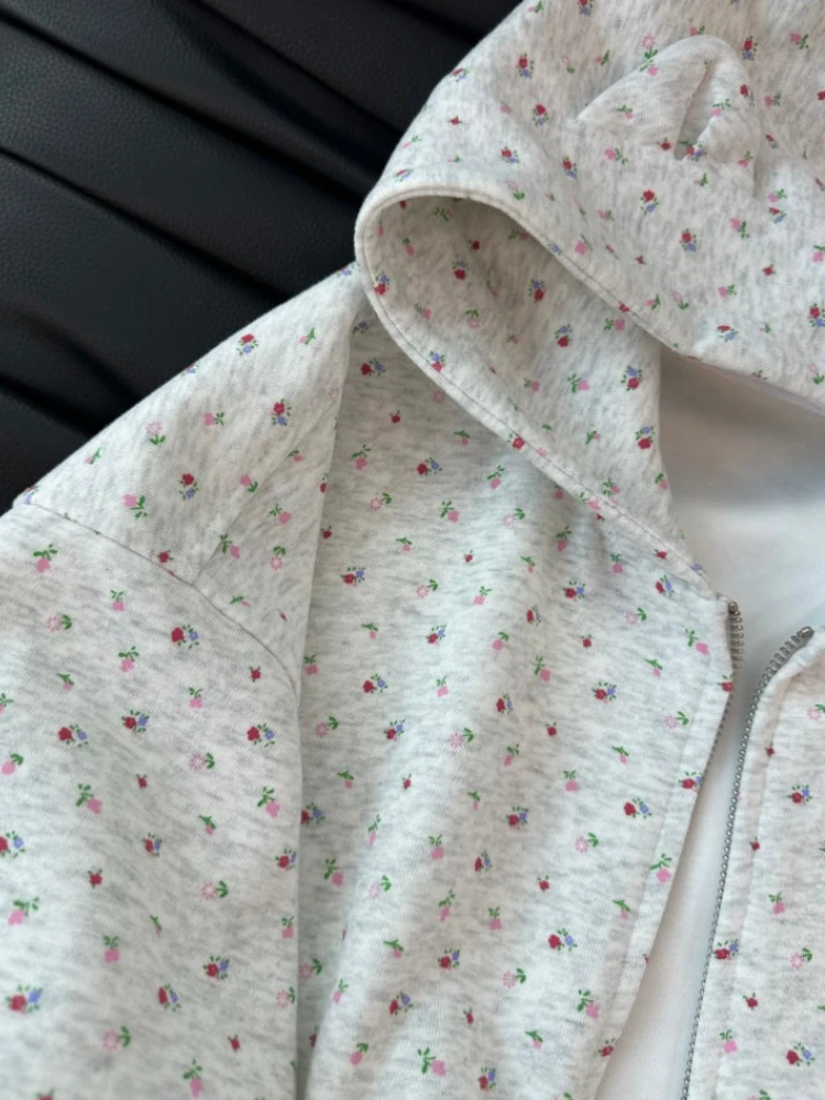 Japanese Harajuku Preppy Fashion Hoodie Women Spring Autumn Floral Print Zip Up Hooded Jacket Sweet Loose Daily Streetwear
