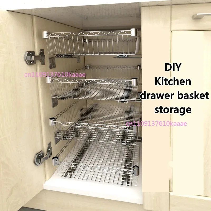 

DIY Cupboard Drawer Basket Kitchen Storage Shelf Organizer Sliding Cabinet Basket Pull Out Metal Drawer Type Mesh Basket