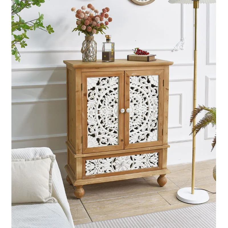 

Home Furniture Manufacture Rustic Solid Wood Carved 2 Door Storage Sideboard Buffet Cabinet With 1 Drawer