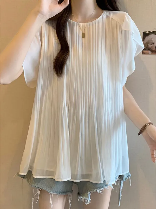 

plus Size Women's Loose Chiffon Shirt Summer Belly Covering Lace Hemline Anti-Aging Top Korean Style Commute Fashion plus Size