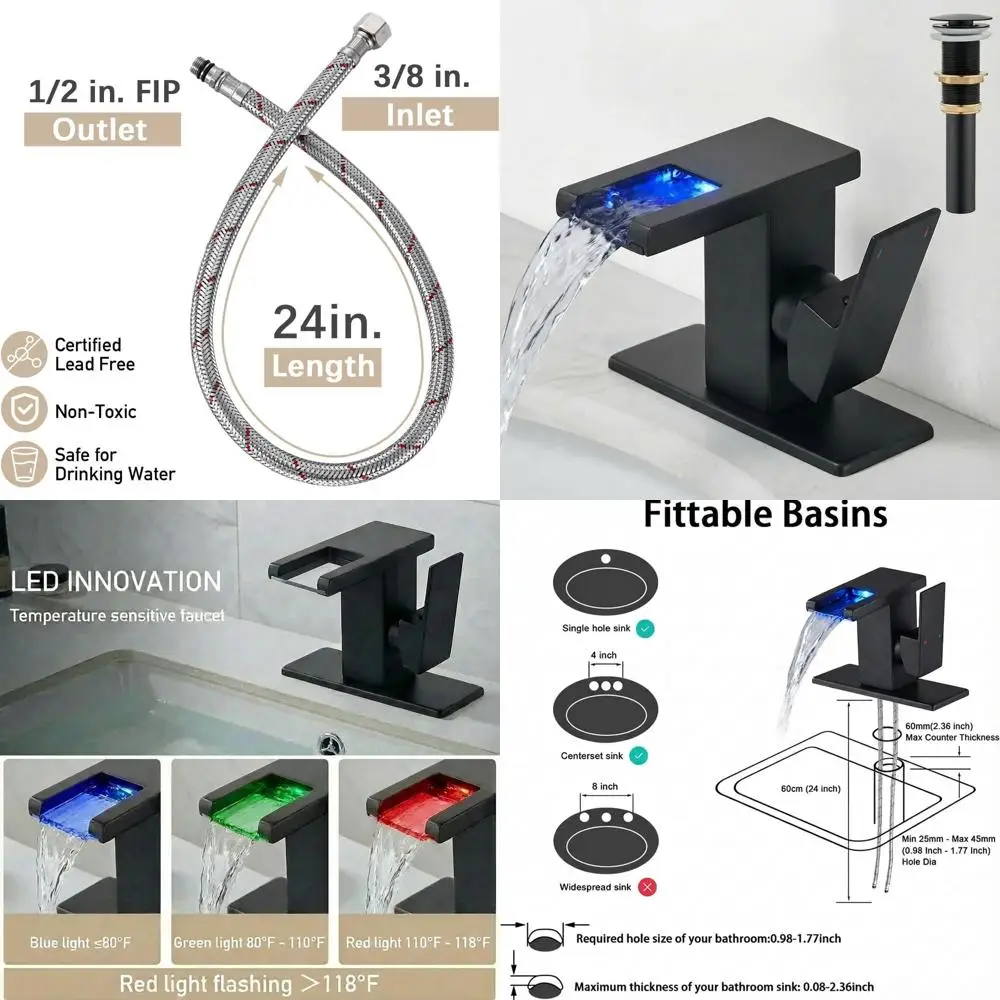 

Matte Black Single Hole Waterfall Faucet with Pop-Up Drain and Side Handle for 1-Hole Bathroom Sinks