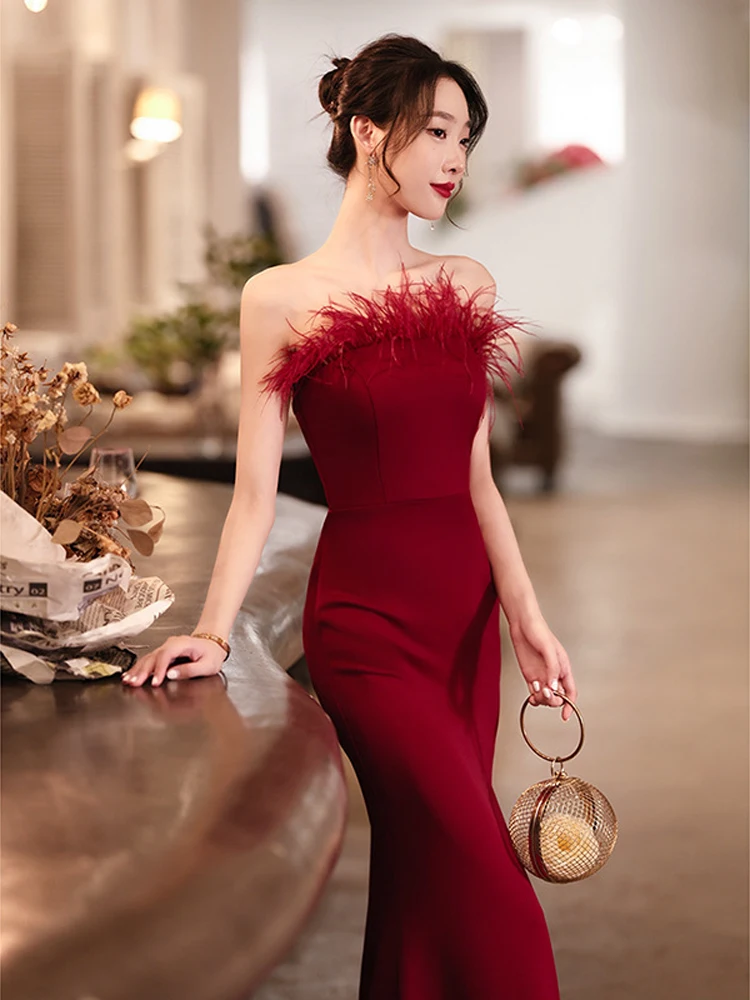 

Party Dress Women Elegant Luxury Sexy Strapless Evening Gown Vent Red The New Style Socialite Light and Niche High-end Elegance