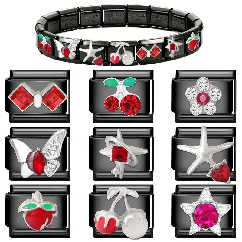 2025 New Original Black Red Stars Love Heart Bows Flower Italian Charm Link fit 9mm Stainless Steel Jewelry DIY Making Bracelets image 5