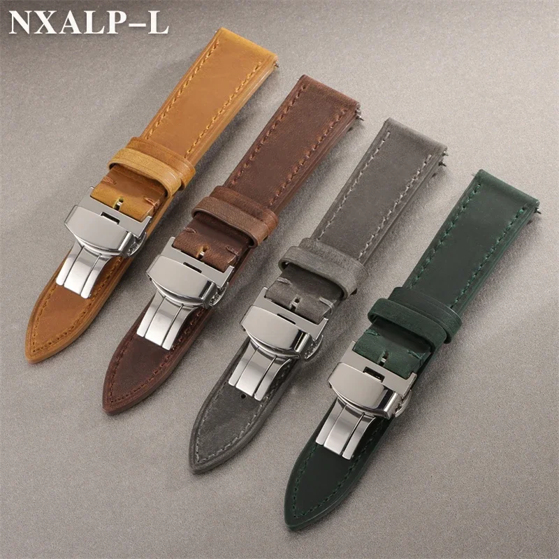 Винтажный ремешок для часов из натуральной яловой кожи с пряжкой-бабочкой, ремешок из телячьей кожи для Omega для умных часов Seiko, браслет 18/19/20/21/22/24 мм