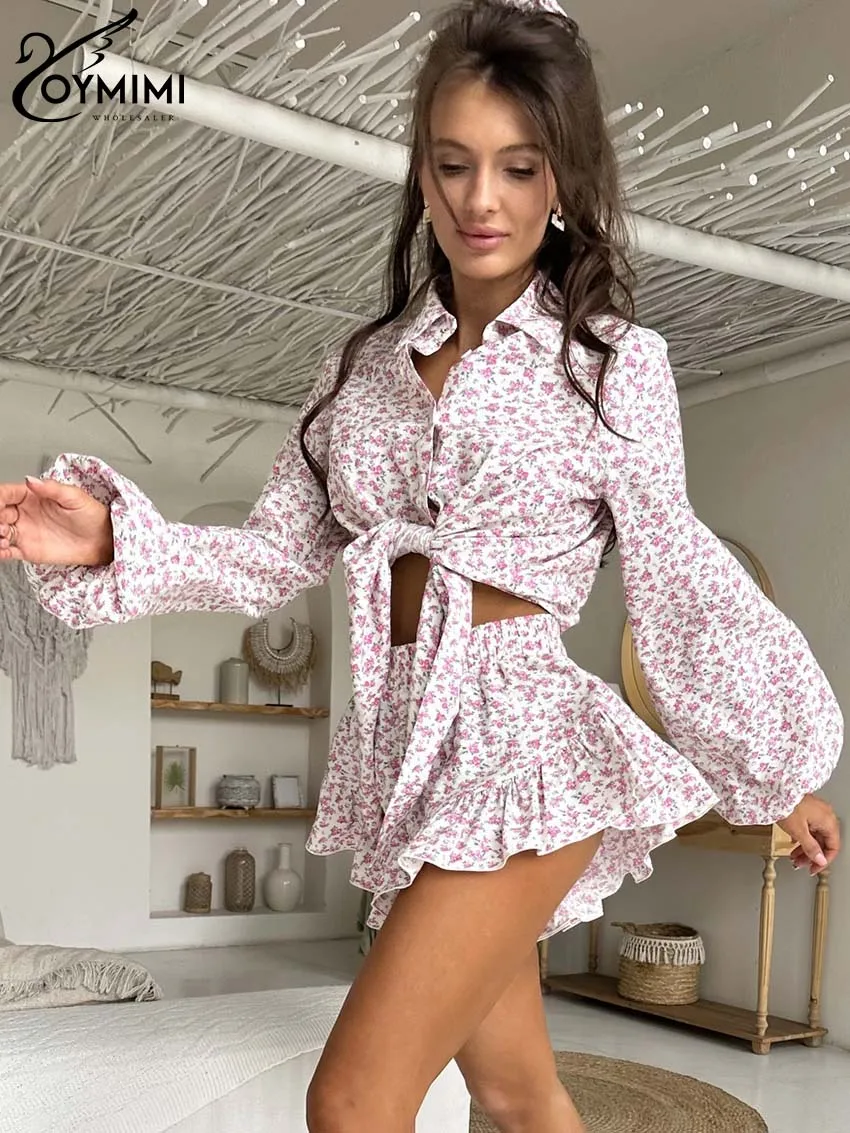 Oymimi Casual Pink Print Sets Womens 2 Piece Fashion Lapel Long Sleeve Button Shirts And High Waist Pleated Mini Skirts Sets