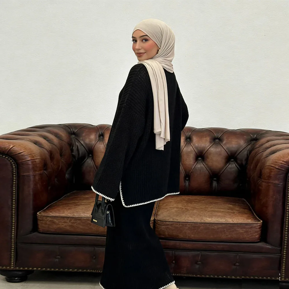 

2026 Winter Muslim 2PCS Set Women Dubai Abaya Top Skirt Knitted Sweater Dress Modest Islamic Clothing Middle East Ensembles New