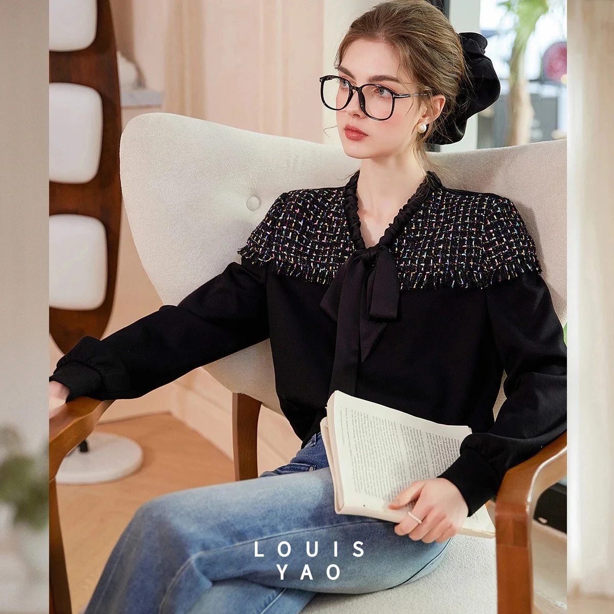 Zweifarbiger Patchwork-Kordelzugpullover für Damen, Frühling/Herbst 2025, V-Ausschnitt, Langarm, Lässiger Oversize-Streetwear-Pullover    