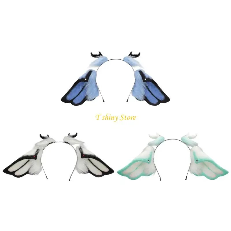 

N58F Handcrafts Faux Furs Fantasy Animal Ear Hairhoop Adjustable Frame Anime Devil Horn Hairband For Costume Collector