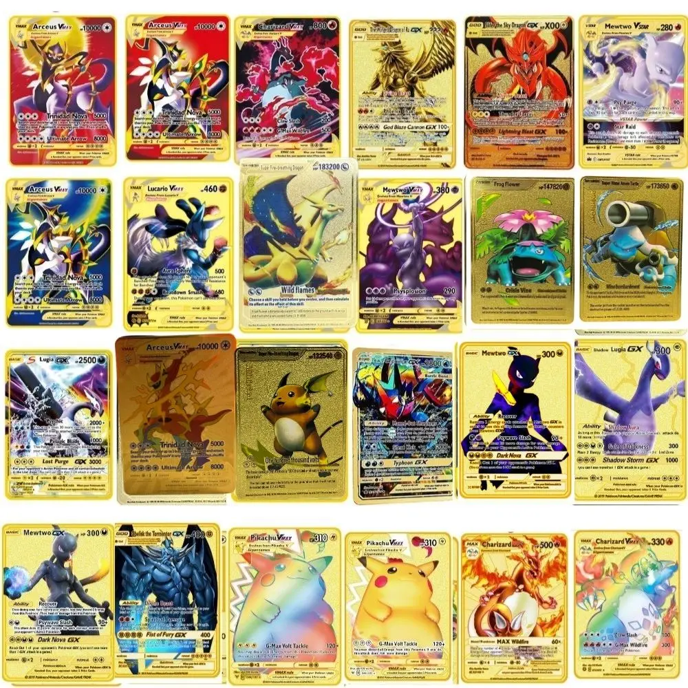 Cartes pokémon en métal, 24 pièces, espagnol/anglais, lettres Pokemon, en fer, Mewtwo Pikachu Gx Charizard Vmax Cartas pokem