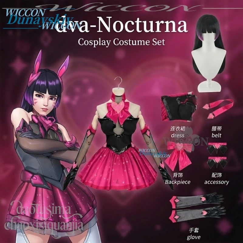 

Anime Game Oww Cosplay Dvaa Nocturna New Outfit Sexy Hot Pink Black Dress Belt Bow Fashion Y2K Jirai Kei Suit Goth Lolita 코스프레