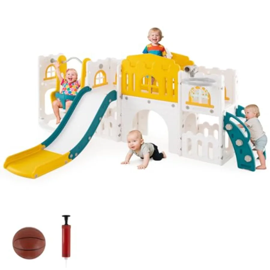 

10 in 1 Toddler Swing and Slide Set Slide and Climber Playset w/Aisle Peek-a-Boo Window and Storage Space Baby Indoor Playgroun