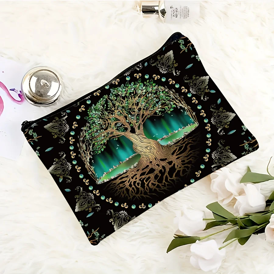 A tree of life pattern cosmetic bag-cute multifunctional zipper handbag, jewelry storage bag.