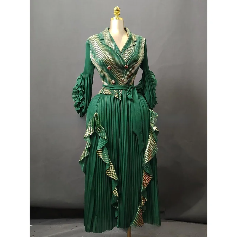 Miyake New Fashionable Ruffled Hem Long Dress Large Size Pleated Floral Patterns Botton Lapel Lace Up Folds Formal Dresses