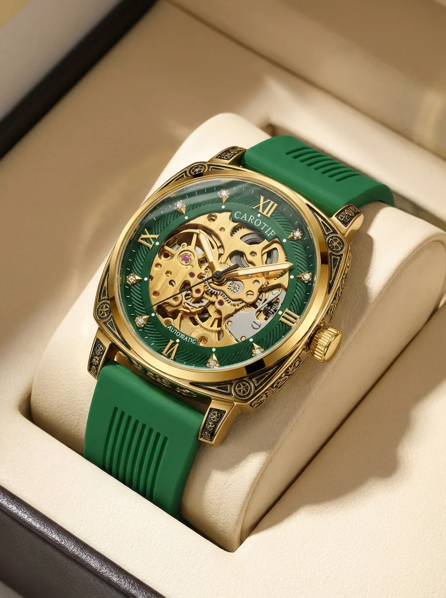 Neue Herrenuhr mit Gold-Grünem Band, Modischer Stil, Elegantes Nachtlicht, Graviertes Muster, Vollautomatische Mechanische Uhr