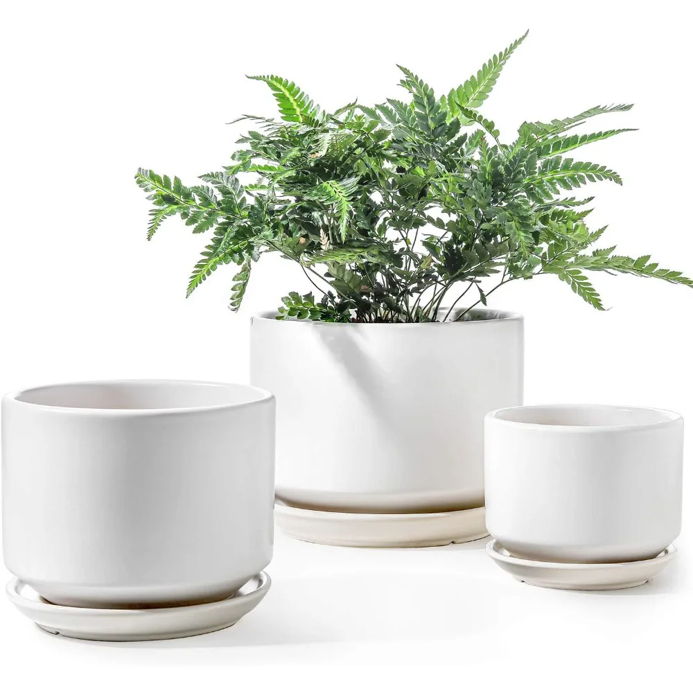 Ceramic Plant Pots for Indoor Use, 4.3+5.3+6.8 Inch, Set of 3, Satin White with Drainage Hole
