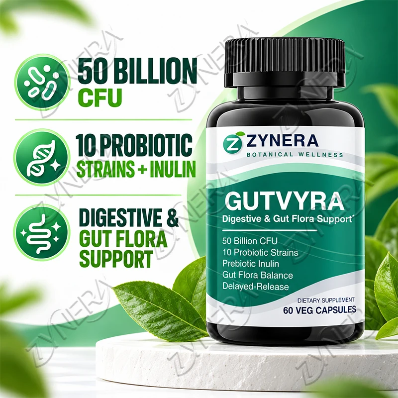Zynera 50 Billion CFU Probiotic Capsules 10 Strains with Prebiotic Inulin Digestive Gut Flora Support 60 Veg Capsules