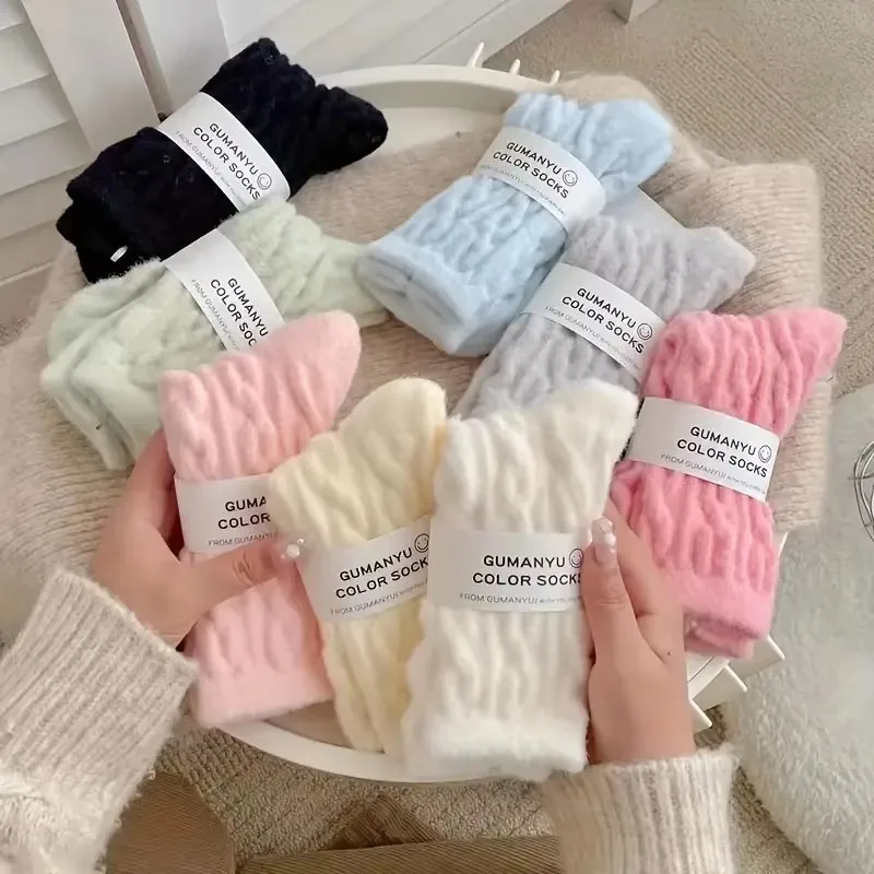 5 Pairs of Spring & Fall Warm Velvet Socks, Women's Twist Socks, Candy-Colored Mid-Calf Socks, Floor Socks