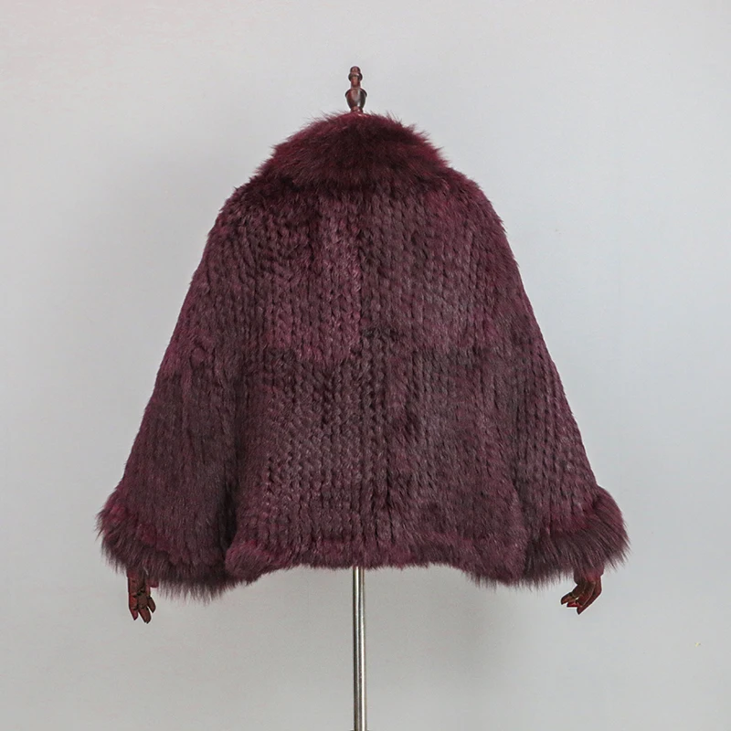 New Extra Long Real Genuine Natural Knitted Rabbit Fur Shawl Coat with Fox Fur Collar Women's Fashion Knit Jacket Cape