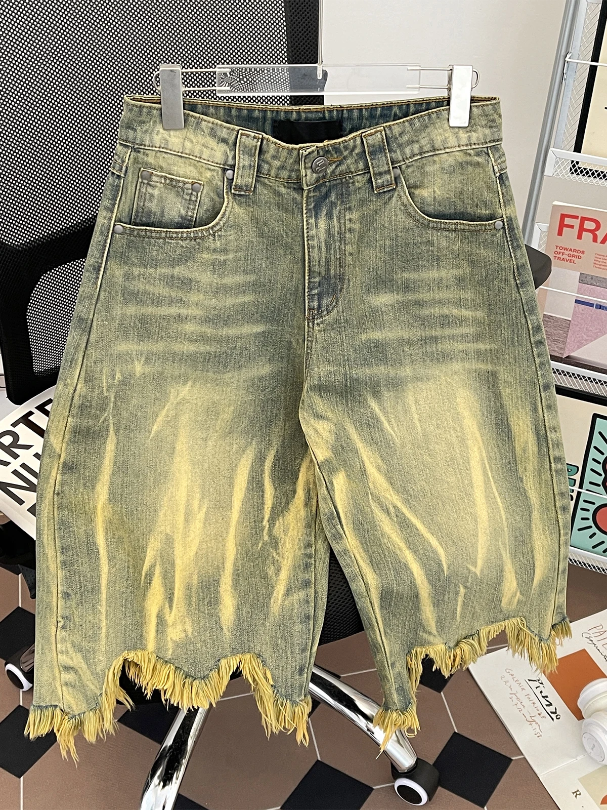 

Retro Heavy Wa Tie Dye Distred Denim orts Men Women American Vintage Harlan Wide Leg Seven Tenths Pants Summer