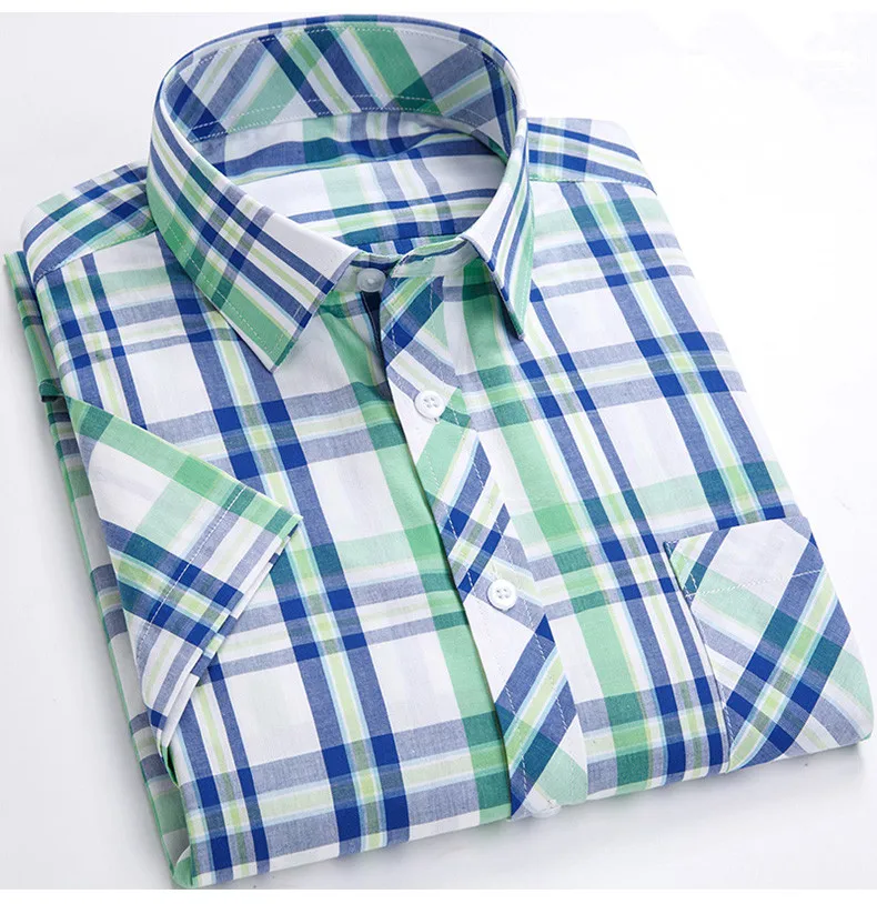 New Summer Men Short Sleeve Shirts Young Casual Korean Stylish 100% Cotton Soft Thin Plaid Outdoor Man Clothing Oversize 8XL 7XL