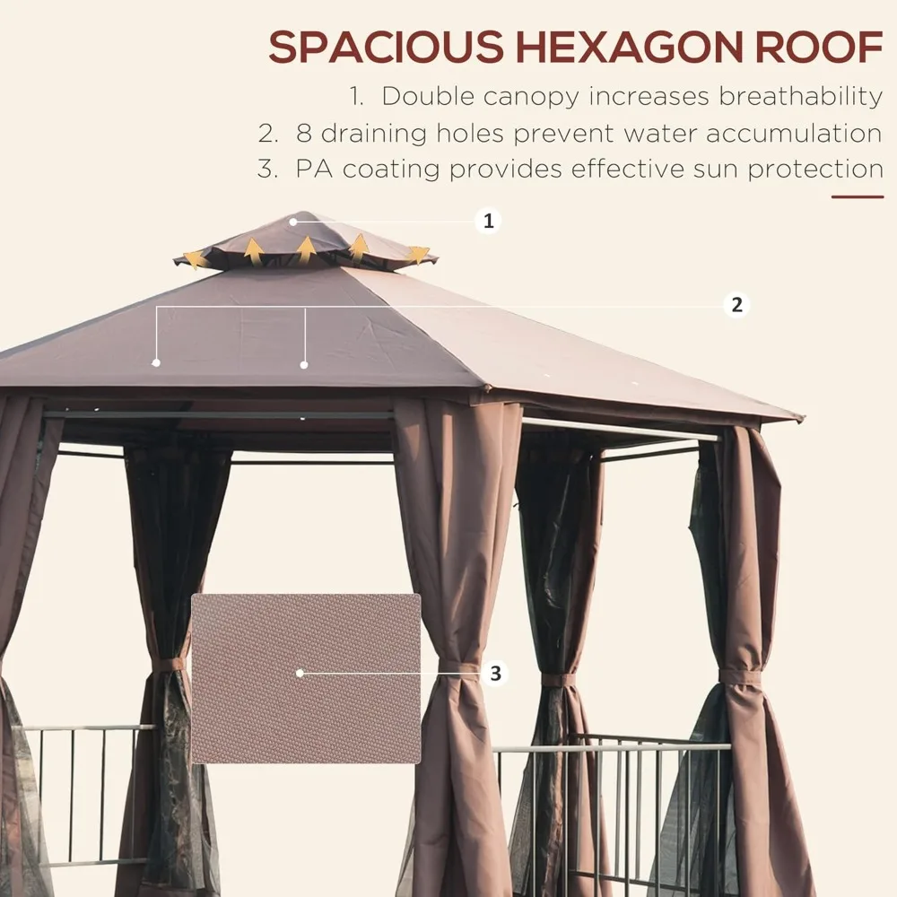 13' x 13' Patio, Double Roof Hexagon Outdoor Gazebo Canopy Shelter with Netting & Curtains, Solid Steel Frame for Garden,Coffee