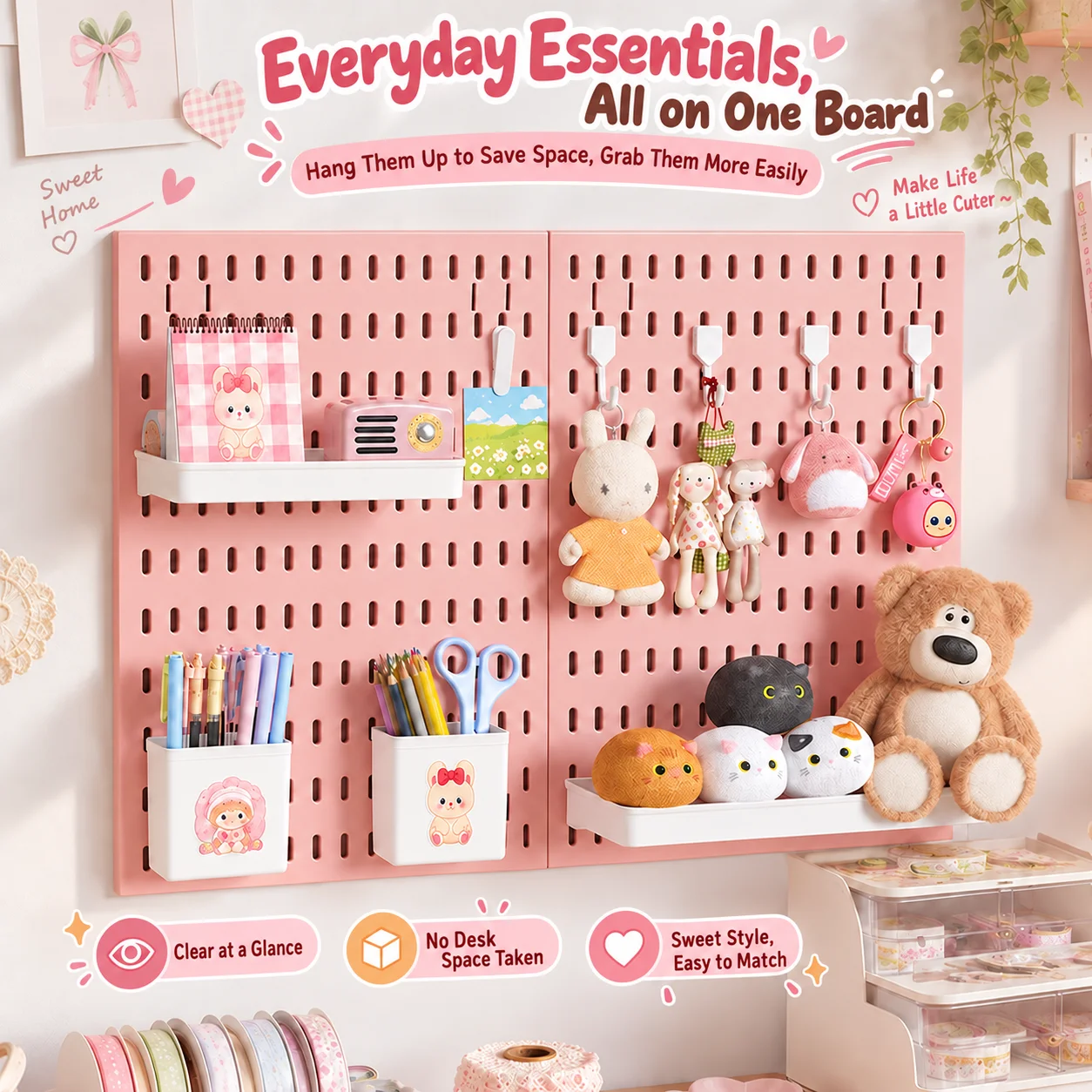 No Drill Pegboard Wall Panel Pink Storage Organizer for Study Desk Stationery Keys Small Items Display
