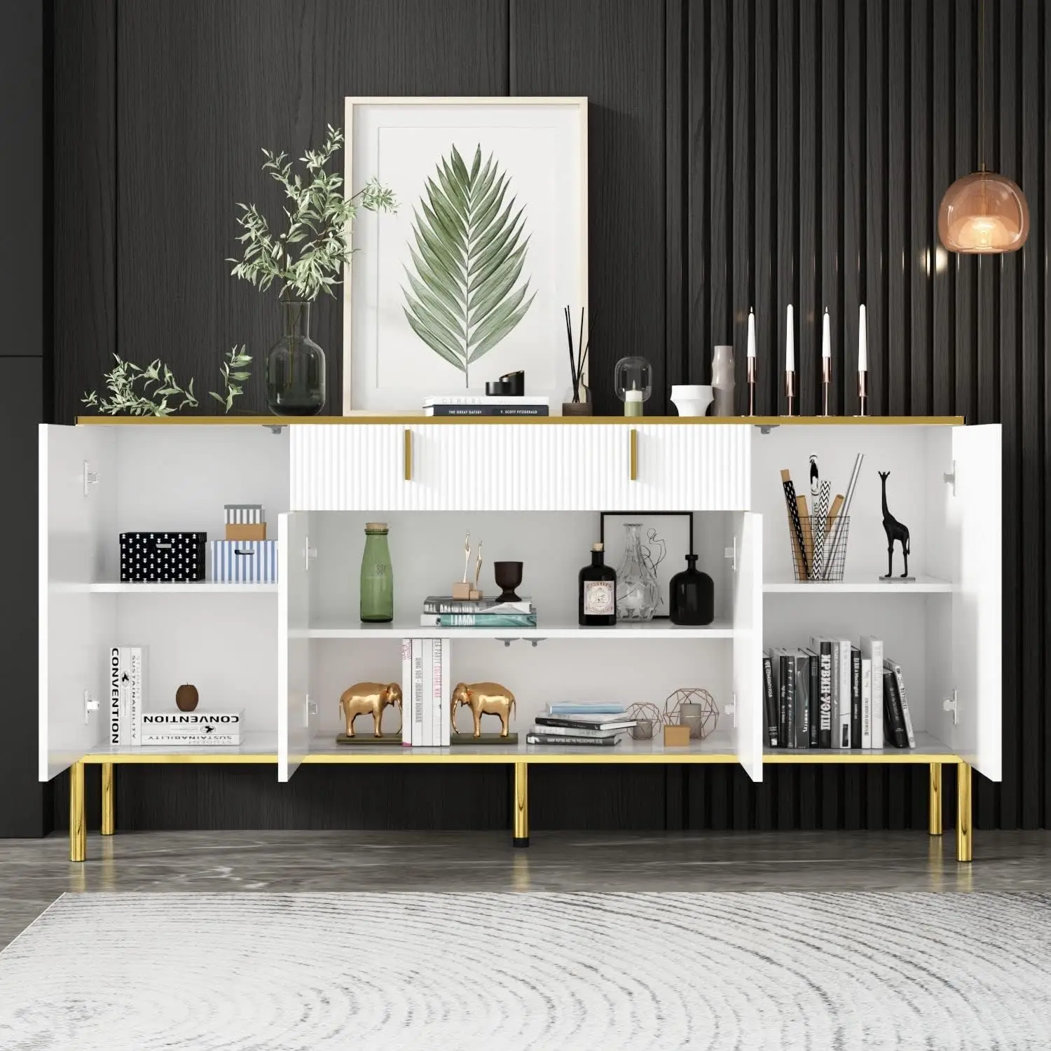 FAMAPY modern credenza sideboard buffet with drawer and pop-up doors, gold metal legs, for living room or hallway.