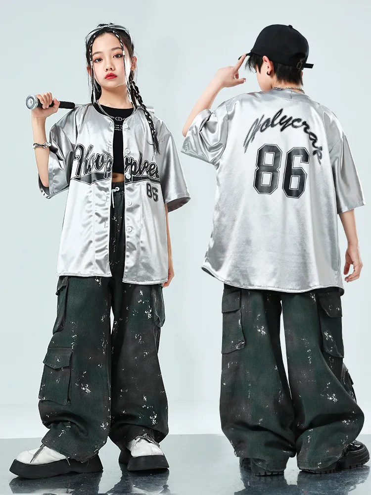 

Kid Kpop Hip Hop Clothing Silver Cardigan Shirt Top Print Gray Green Casual Cargo Pants for Girls Boy Jazz Dance Costume Clothes