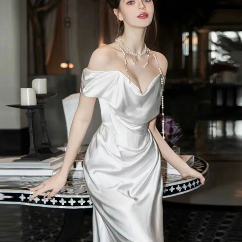 Light luxury new line shoulder white simple satin going-out dress