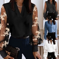 Sexy V Neck Long Lantern Sleeve Hollow Out Lace Floral Embroidery Loose OL Workwear Blouse Shirts SZE-ST23362