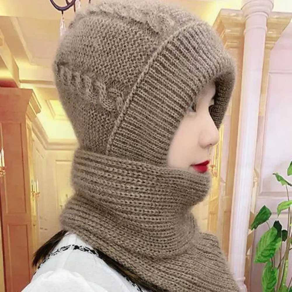 Integrated Cap Scarf Ear Protection Windproof Cap Scarf Knitting Thicken Thermal Hat Winter Beanie Hat Scarf Neck Warmer Casual