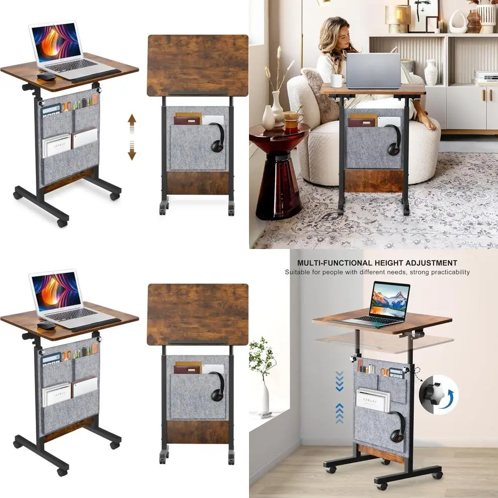 

Portable Rolling Desk with Storage, 16W x 24L, 360° Swivel Laptop Stand, Rustic Brown for Home Office