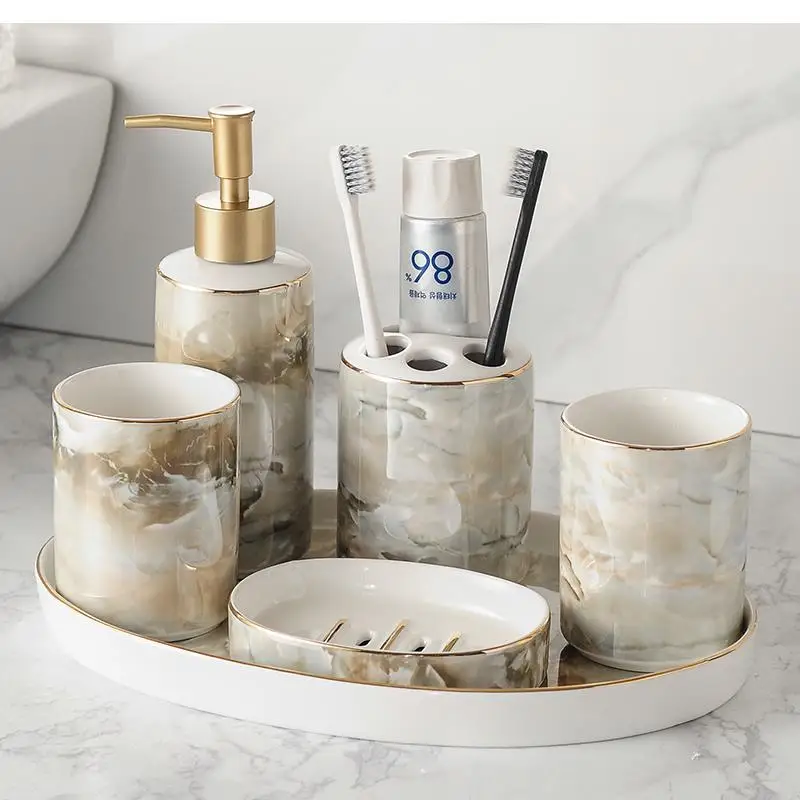 

Light Luxury Ceramic Bathroom Lotion Bottle Toothbrush Holder Soap Dish Mouthwash Cup European Home Decoration Supplies