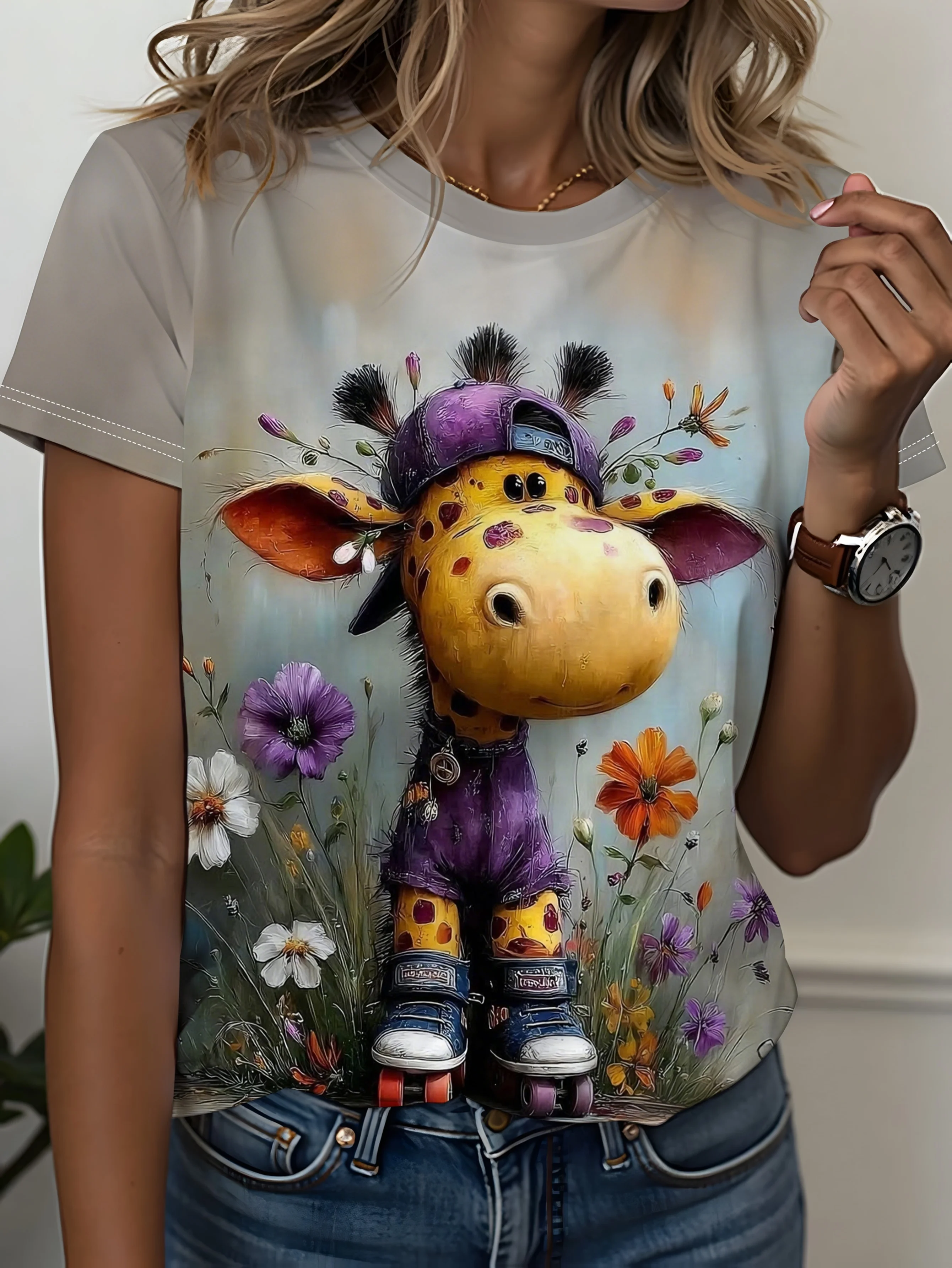 Women's T-shirt Cute Cartoon Giraffe Roller Skating Floral Print Short Sleeve Top Summer Casual Crew Neck Ladies Daily Clothes