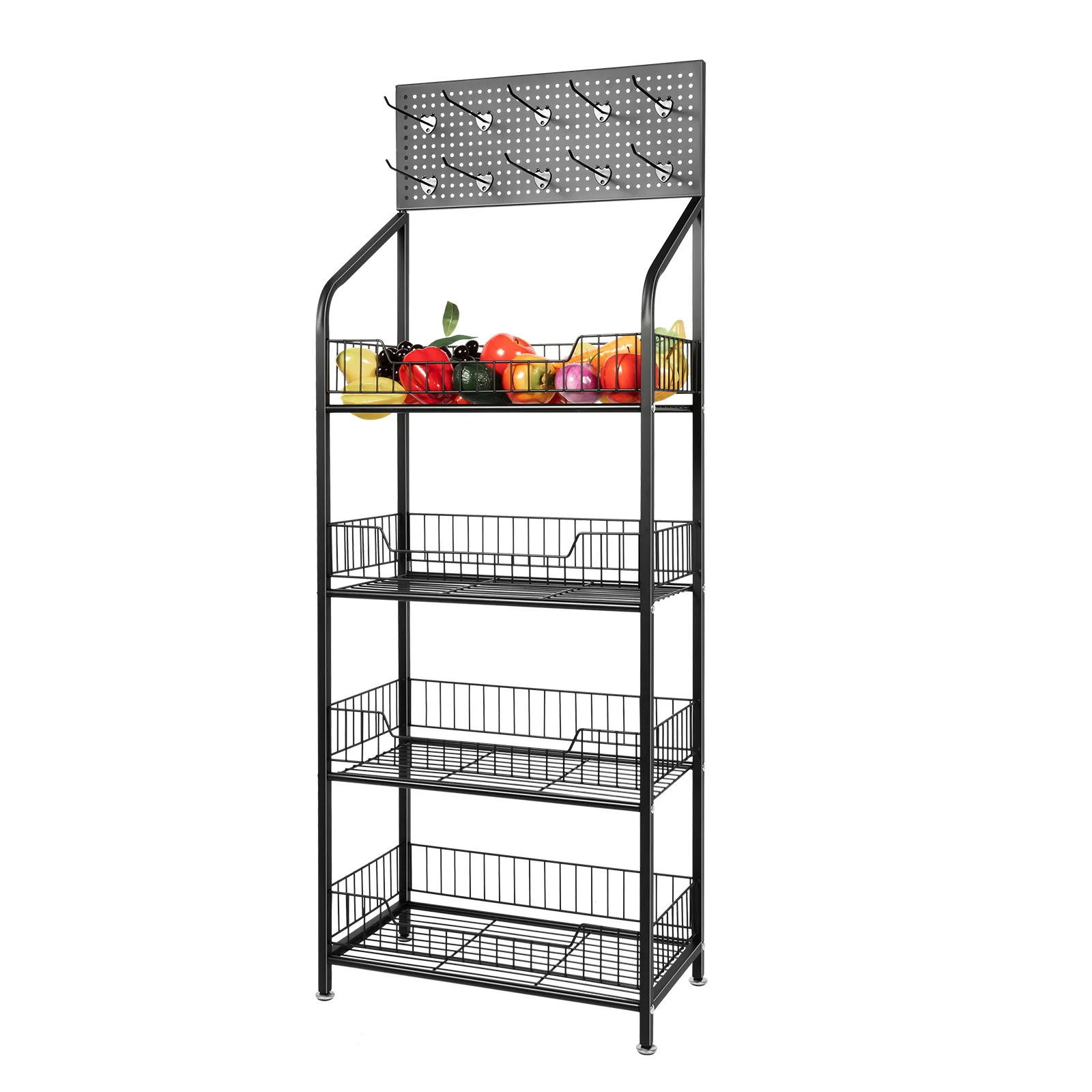 4 Tier Retail Display Rack Stand, Snack Candy Display Organizer with 10 Hooks & Rolling Wheels (Black)