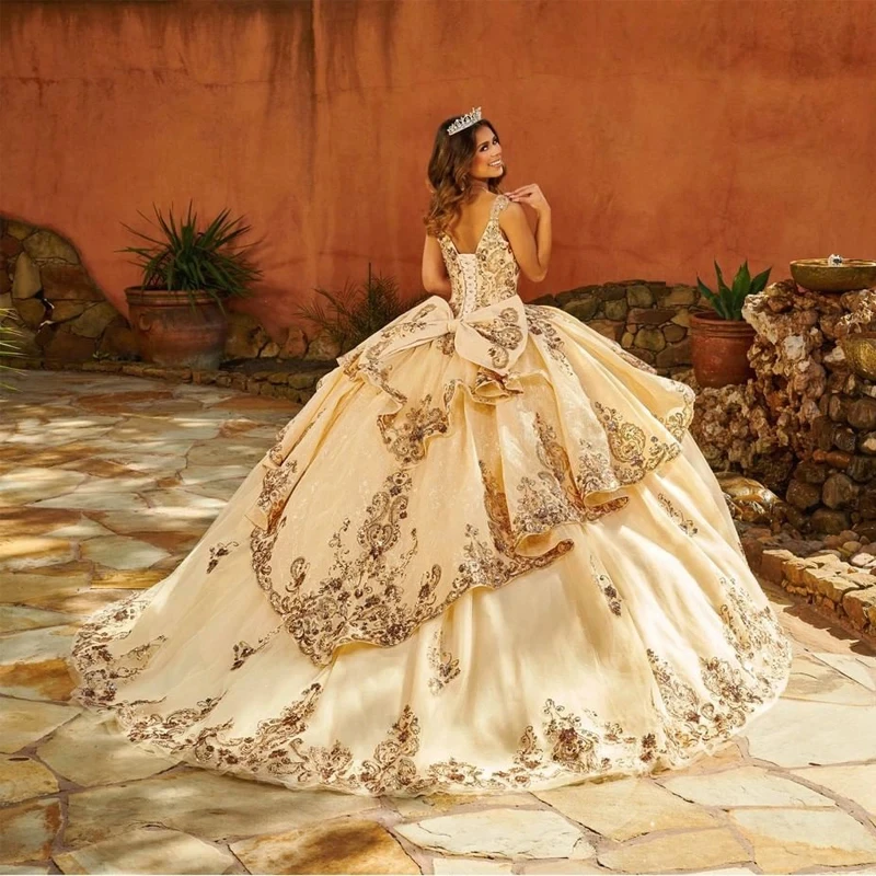 EVLAST Customized Quinceanera Dress Cap Sleeve Flower Applique Gold Lace Crystal Formal Princess Gown Vestido De 15 Años TQD021