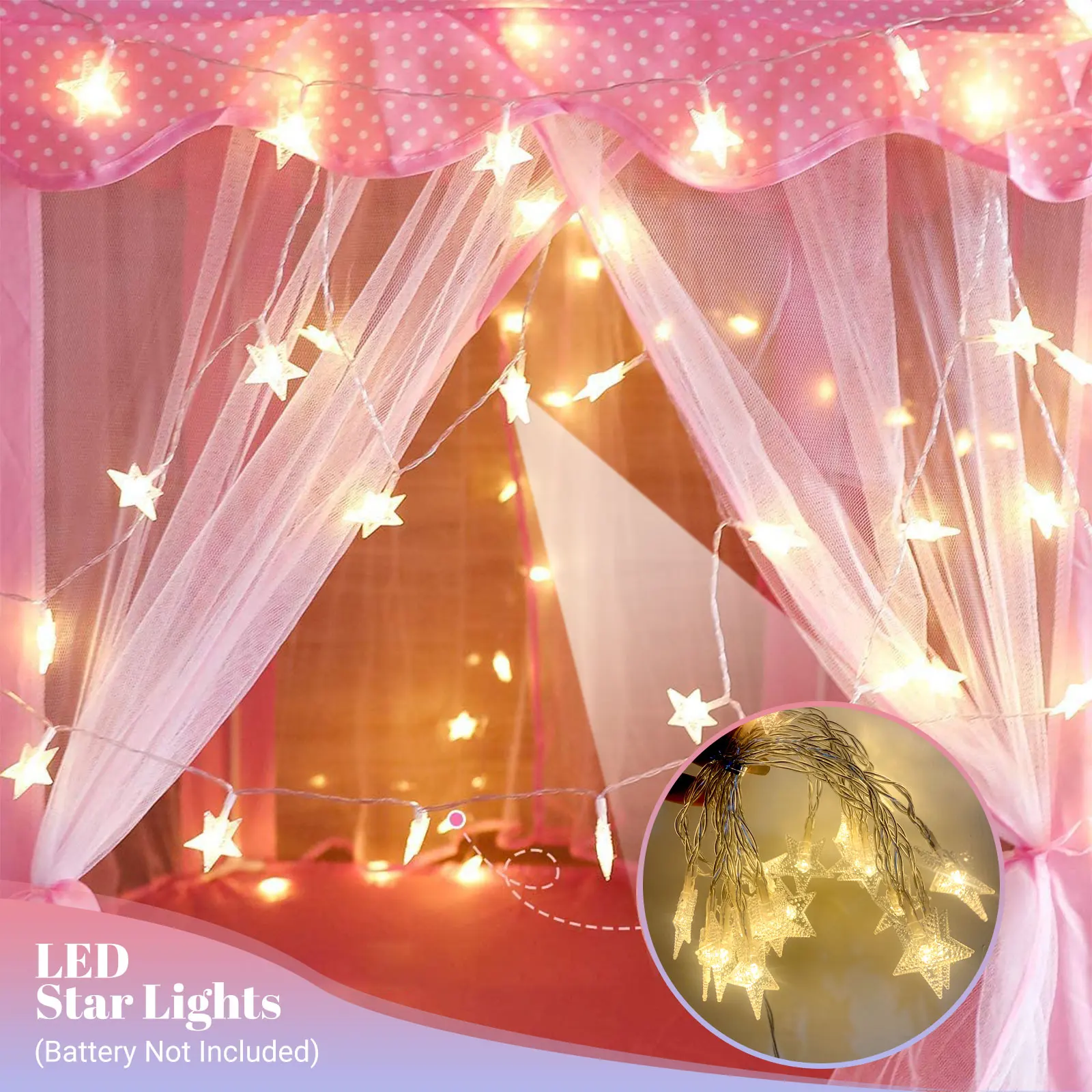 Kids Princess Play Tent Pink Hexagonal Fairy Castle Indoor Play House with Star Lights Breathable Mesh Girls Play Tent for Bedroom Playroom