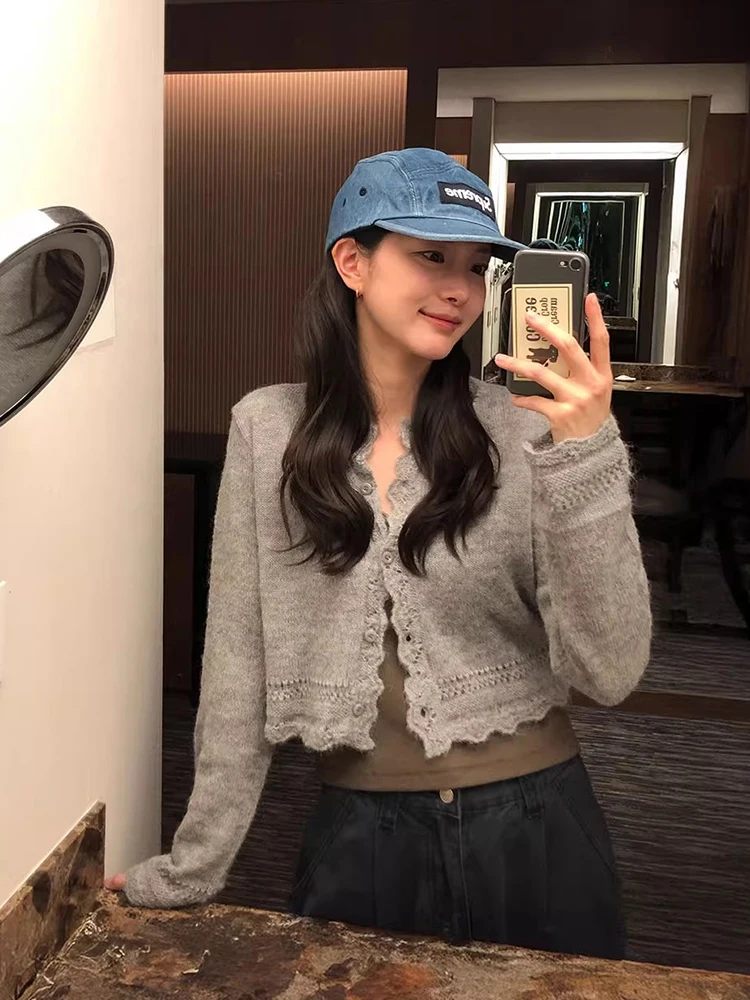 เสื้อโค้ทไหมพรมถักลายฉลุเก๋ไก๋ ดีไซน์ลูกไม้ทรงกลม สไตล์เกาหลี เหมาะสำหรับเดินทาง ผู้หญิง ทรงปกติ ผ้าบางเบา